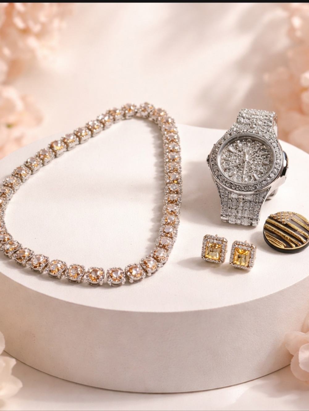 Mother's Day Sale-White Gold Filled Watch Tennis Necklace& Earring